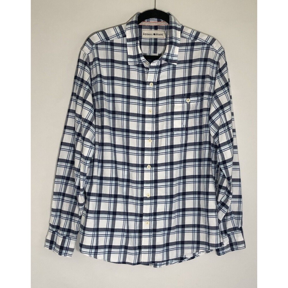 Normal Brand Button Up Shirt Mens XL  L/S White/Blue Plaid Collared Flannel EUC